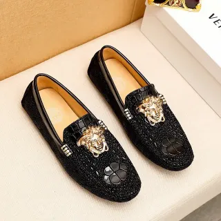 Versace Medusa Negro Dorado Cabezal Hardware Croc-Embossed Cuero Mocasin