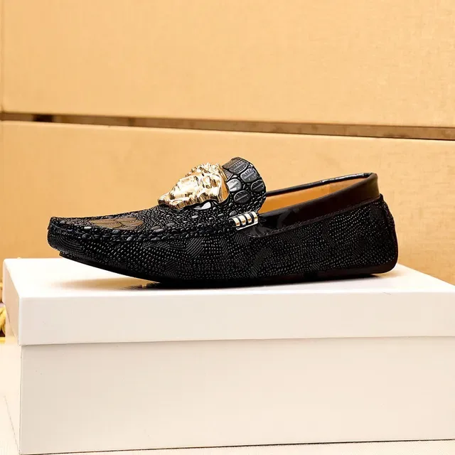 Versace Medusa Noir Or Tête Hardware Croc-Embossed Cuir Mocassin 3