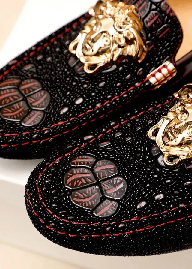 Versace Medusa Noir Or Tête Hardware Croc-Embossed Cuir Mocassin 5