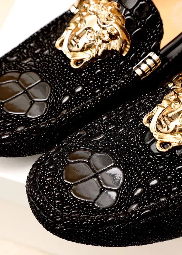 Versace Medusa Noir Or Tête Hardware Croc-Embossed Cuir Mocassin 10