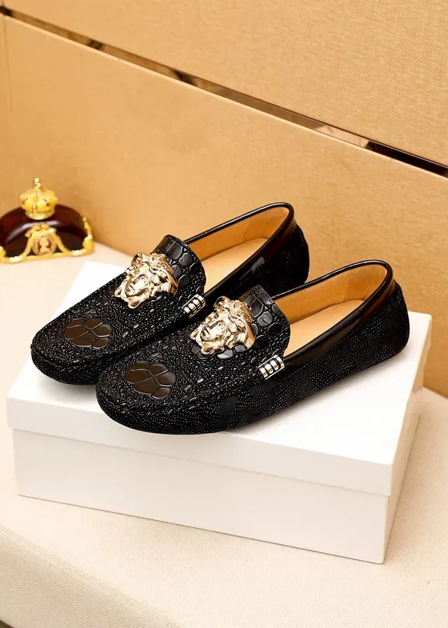 Versace Medusa Noir Or Tête Hardware Croc-Embossed Cuir Mocassin 13
