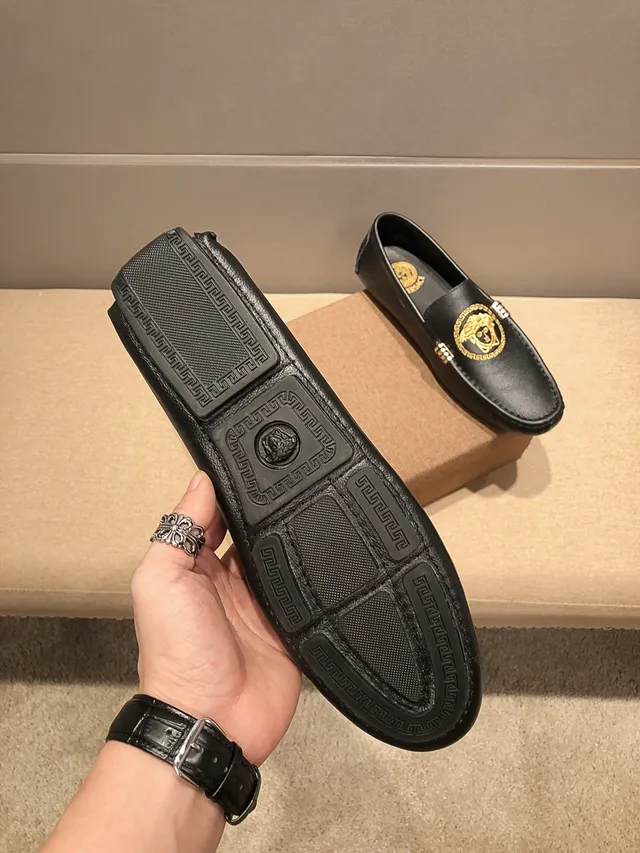 Versace Medusa Embroidered Black Leather Loafers 7