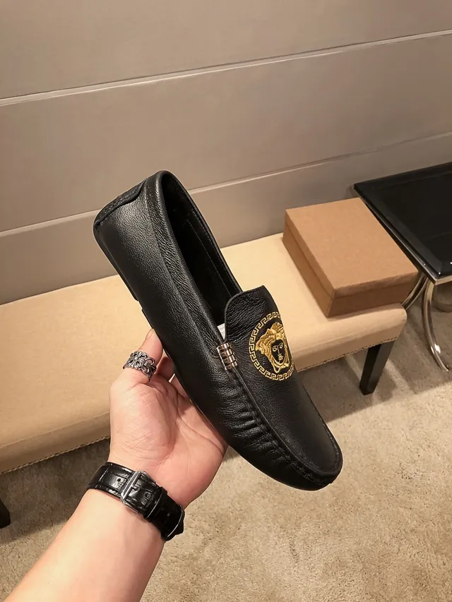 Versace Medusa Embroidered Black Leather Loafers 8