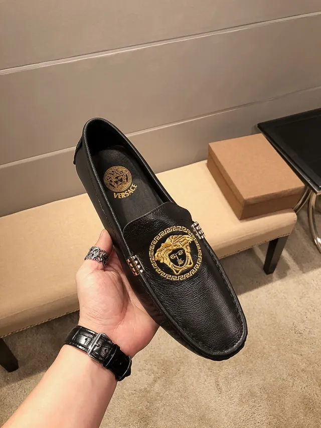 Versace Medusa Embroidered Black Leather Loafers 9