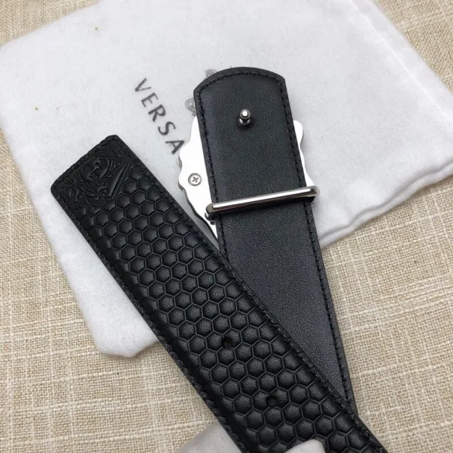 Versace Medusa Head Black Embossed Honeycomb Leather Belt 5