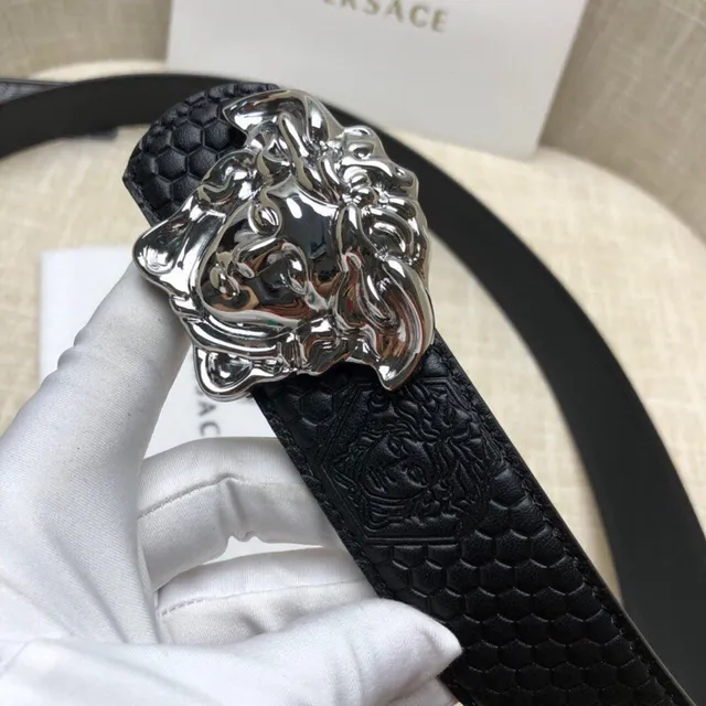 Versace Medusa Head Black Embossed Honeycomb Leather Belt 6