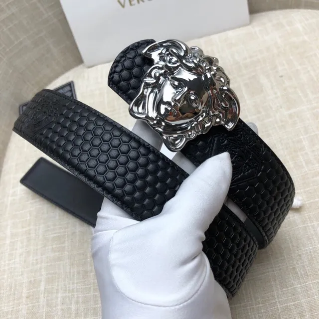 Versace Medusa Head Black Embossed Honeycomb Leather Belt 7