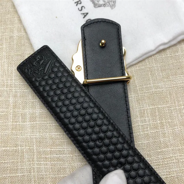 Versace Medusa Head Black Embossed Honeycomb Leather Belt 13