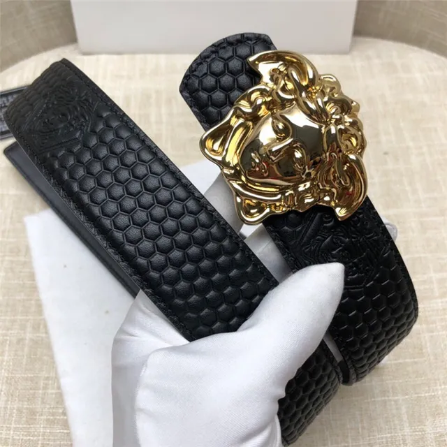 Versace Medusa Head Black Embossed Honeycomb Leather Belt 15