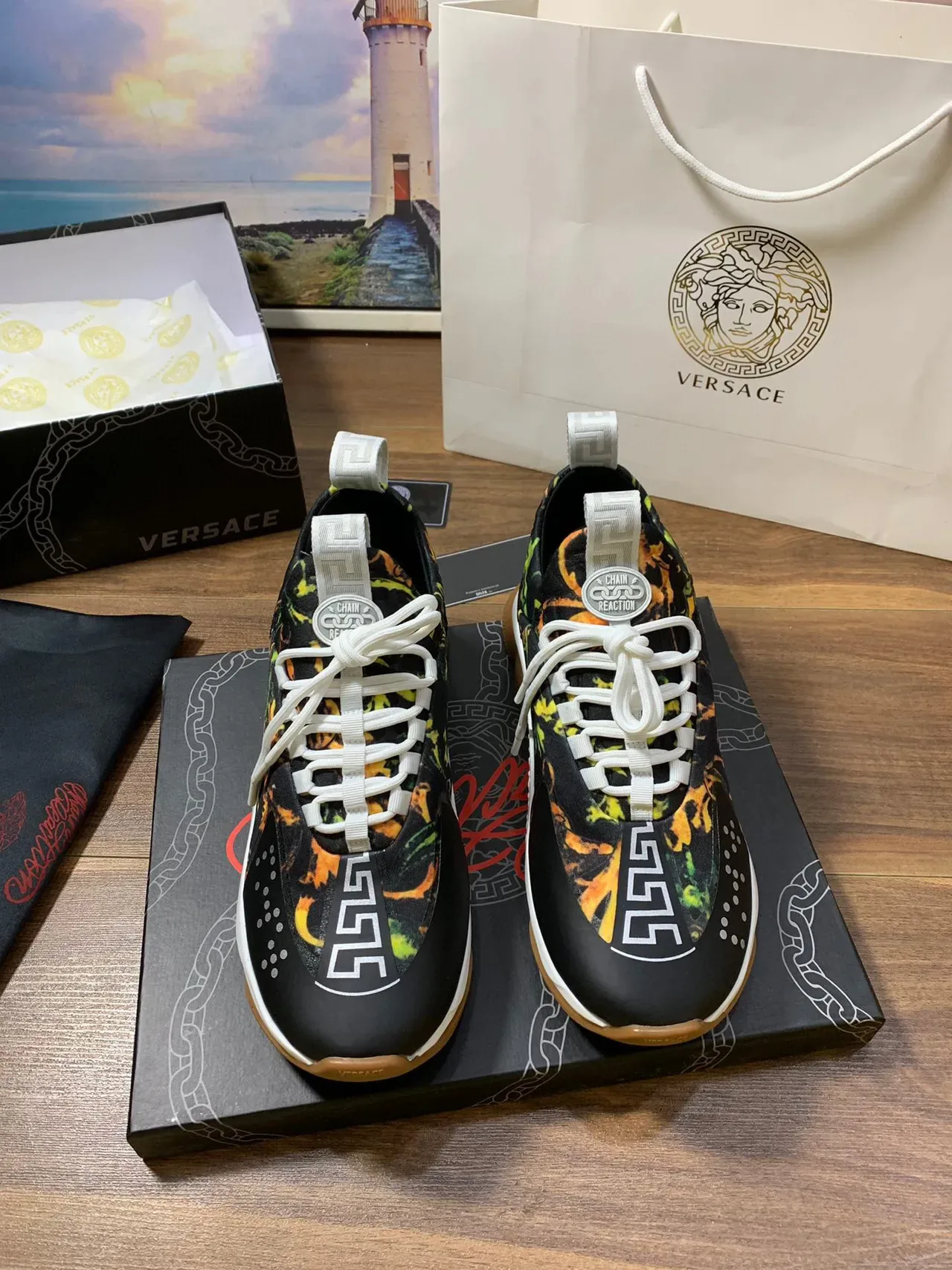 Versace Odissea Noir Orange Vert Imprimé Floral Chaussures Lifestyle 8