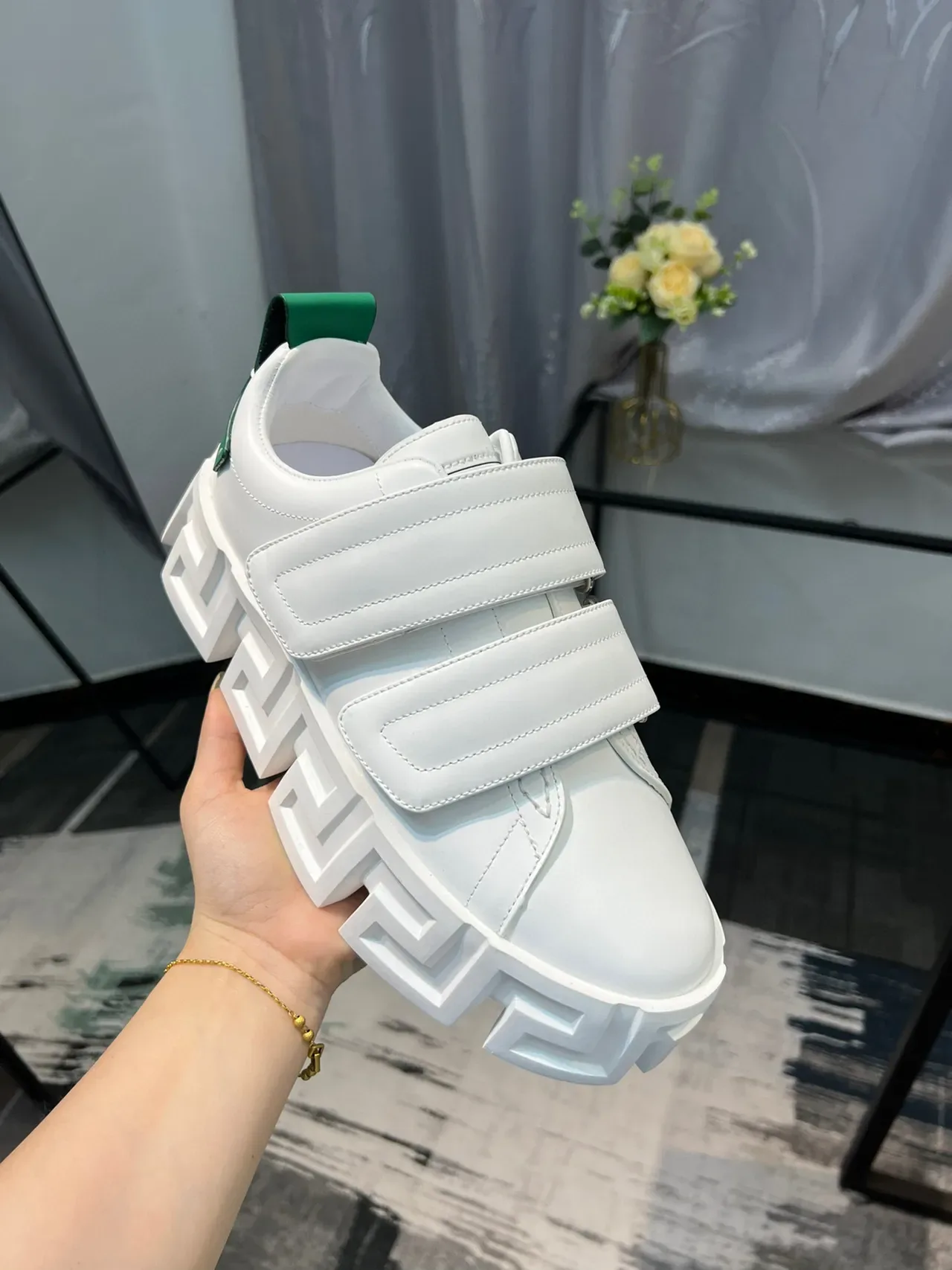 Versace White Green Platform Velcro Strap Closure Chunky Sneakers 2