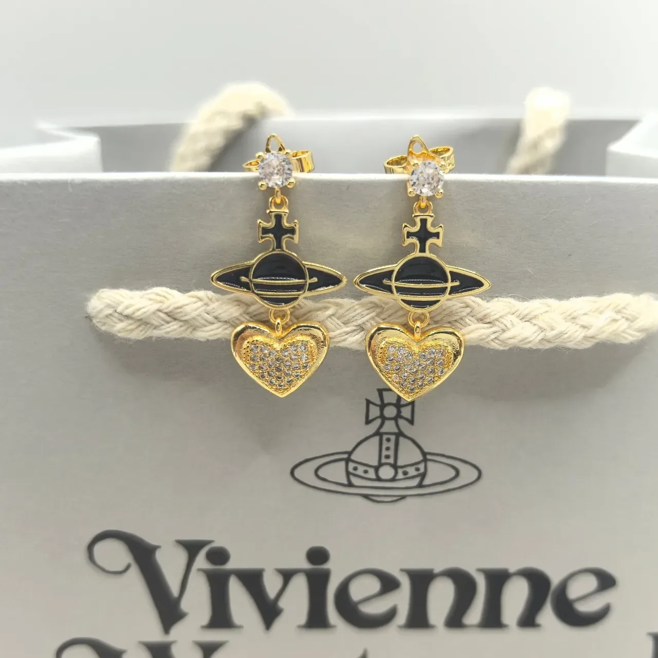 Vivienne Westwood Orb Heart Gold-Tone Black Enamel Pavé Crystal Earrings 2