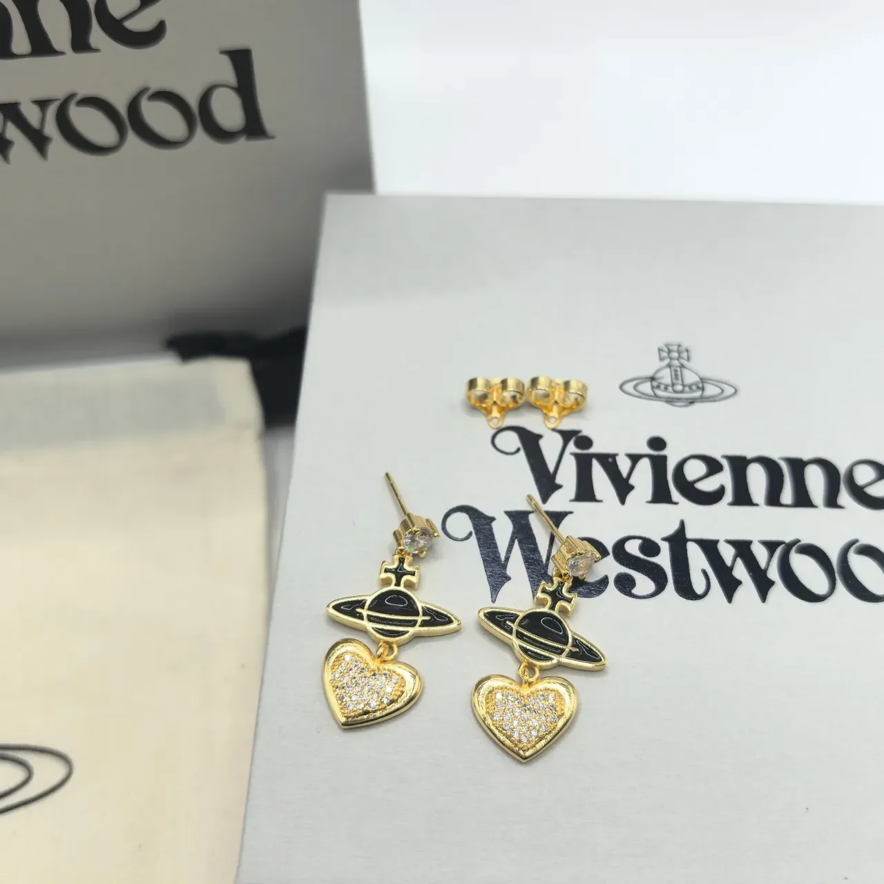 Vivienne Westwood Orb Heart Gold-Tone Black Enamel Pavé Crystal Earrings 4