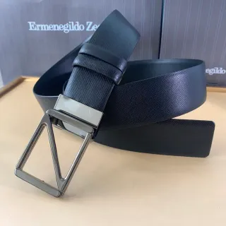Ermenegildo Zegna 黑色银色纹理抛光几何扣头皮革皮带