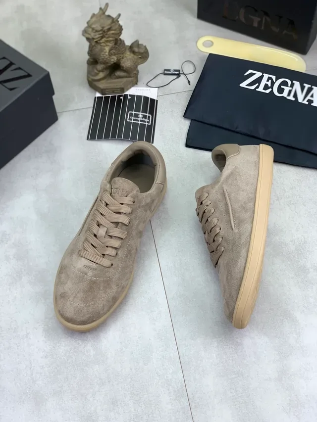 Zegna Beige Marron Daim Partie Supérieure Détail Zipper Latéral Lifestyle Sneakers 5
