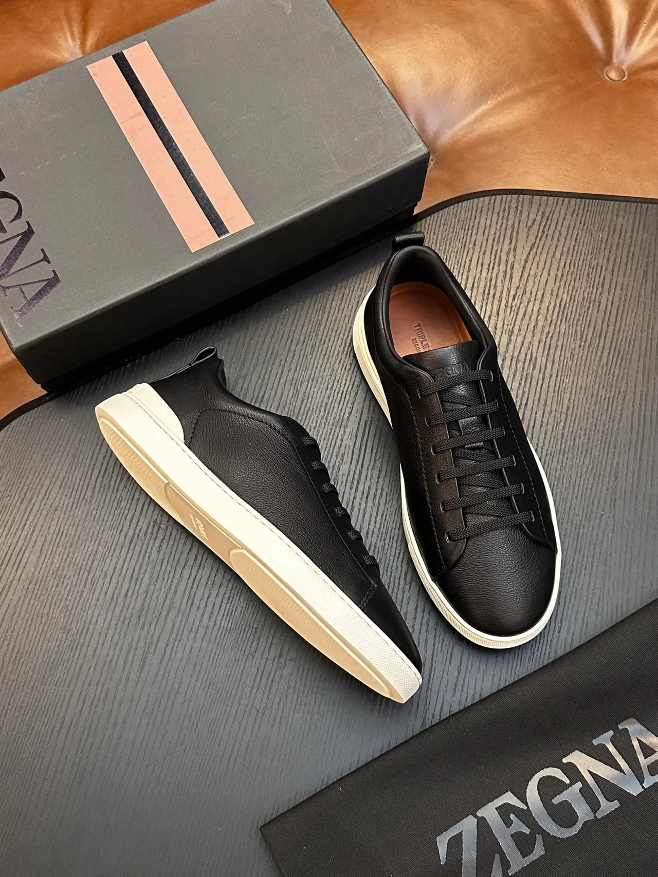 Zegna Black Pebbled Leather Lifestyle Sneaker 5