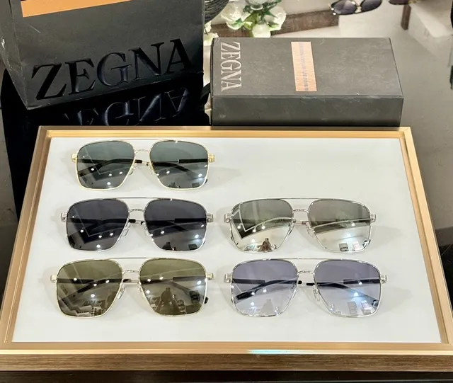 Zegna सुनहरा भूरा आयताकार एविएटर धातु धूप का चश्मा 4