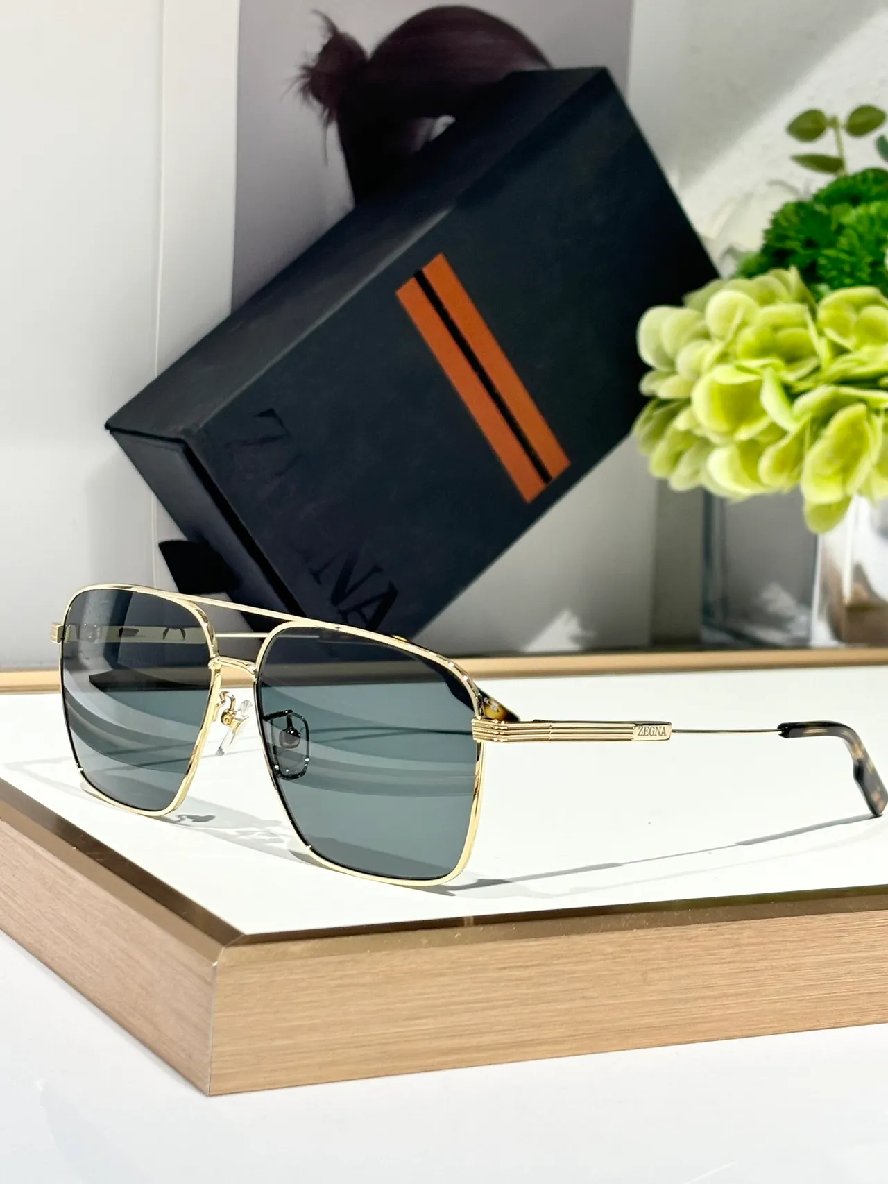 Zegna सुनहरा भूरा आयताकार एविएटर धातु धूप का चश्मा 5