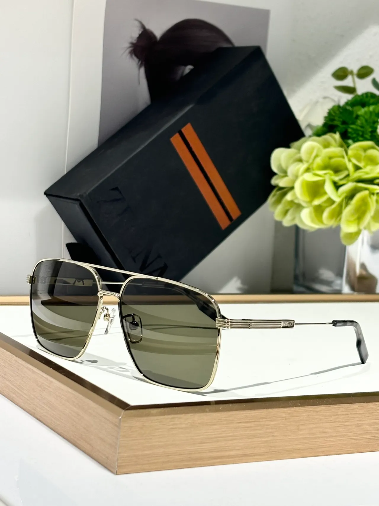 Zegna सुनहरा भूरा आयताकार एविएटर धातु धूप का चश्मा 6