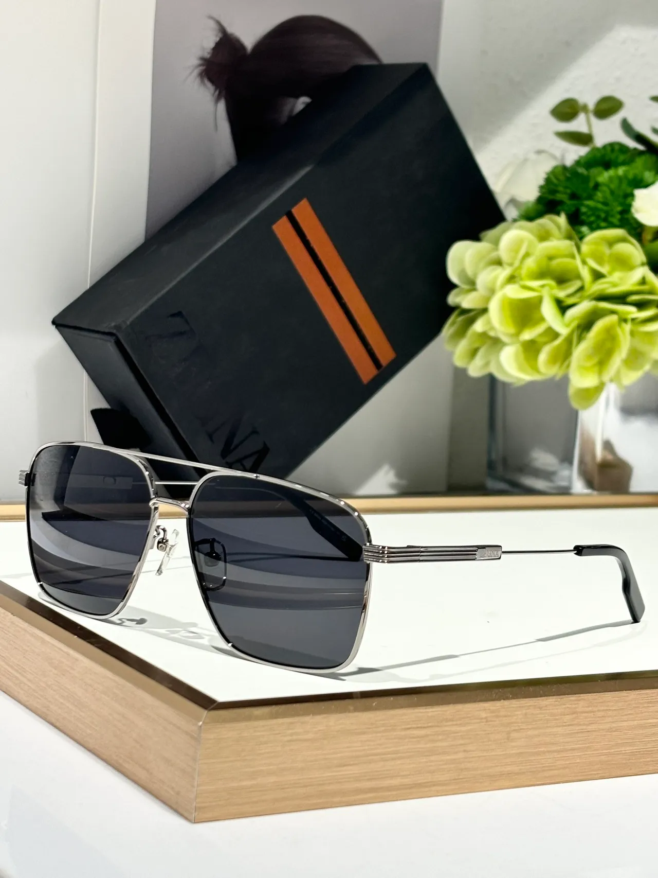 Zegna सुनहरा भूरा आयताकार एविएटर धातु धूप का चश्मा 7