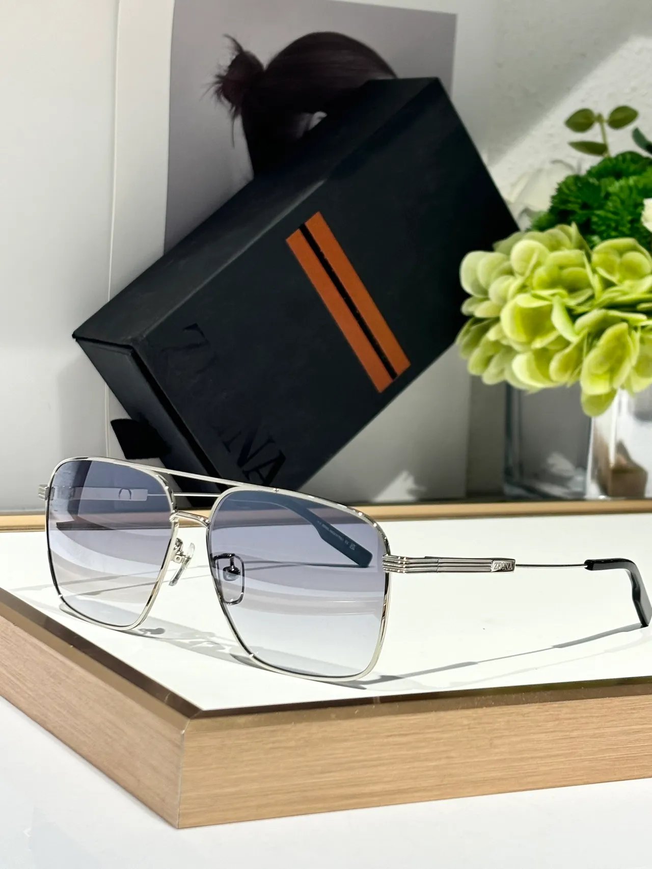 Zegna सुनहरा भूरा आयताकार एविएटर धातु धूप का चश्मा 8