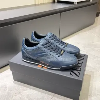 Zegna 海军蓝皮革拼面板低帮生活休闲鞋