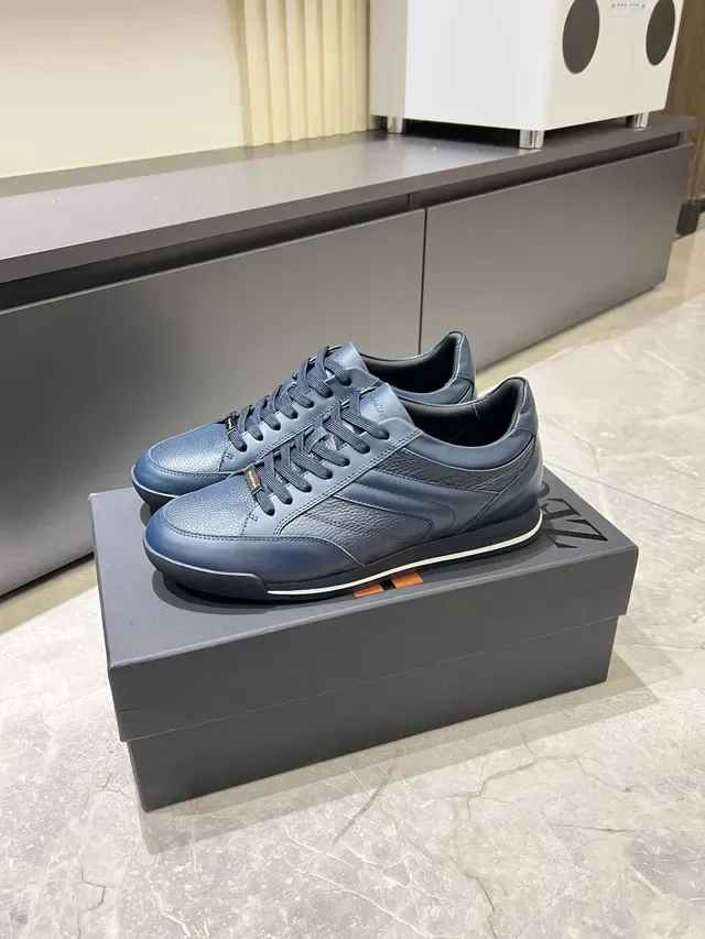 Zegna Sneakers Lifestyle Bleu Marine à Panneaux en Cuir Low-Top 4