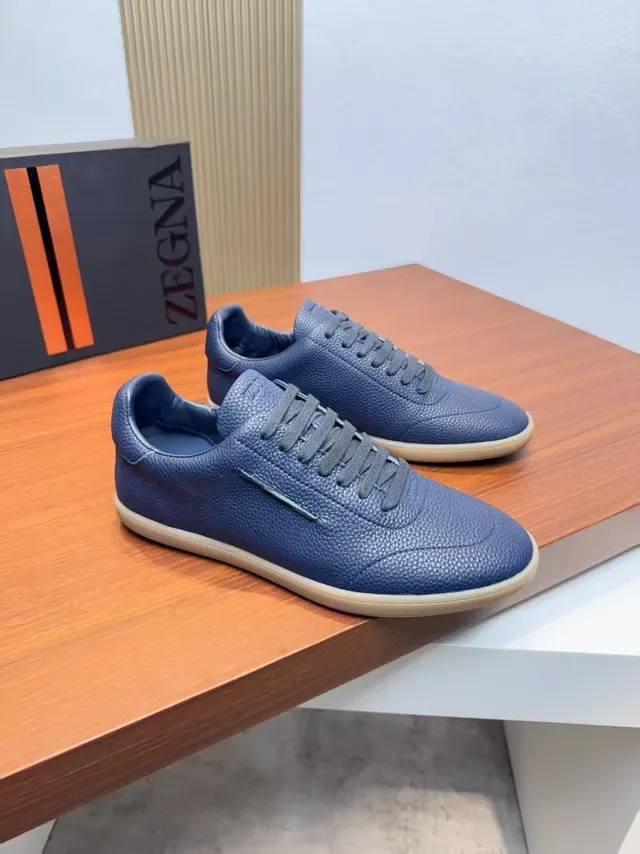 Zegna Navy Textured Leather Low-Top Lifestyle Sneakers 4