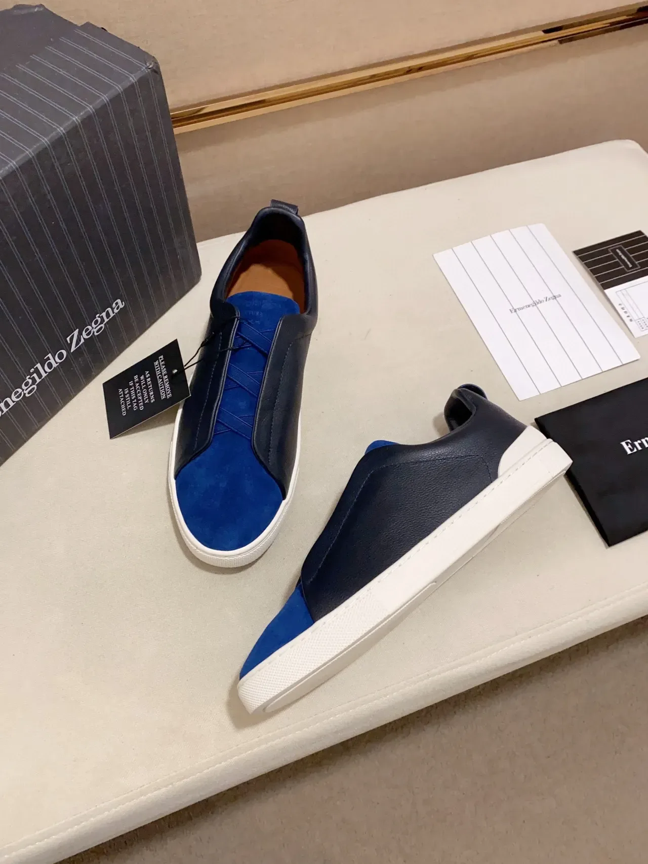 Zegna Two-Tone Navy and Blue Leather-Suede Slip-On Sneakers 4