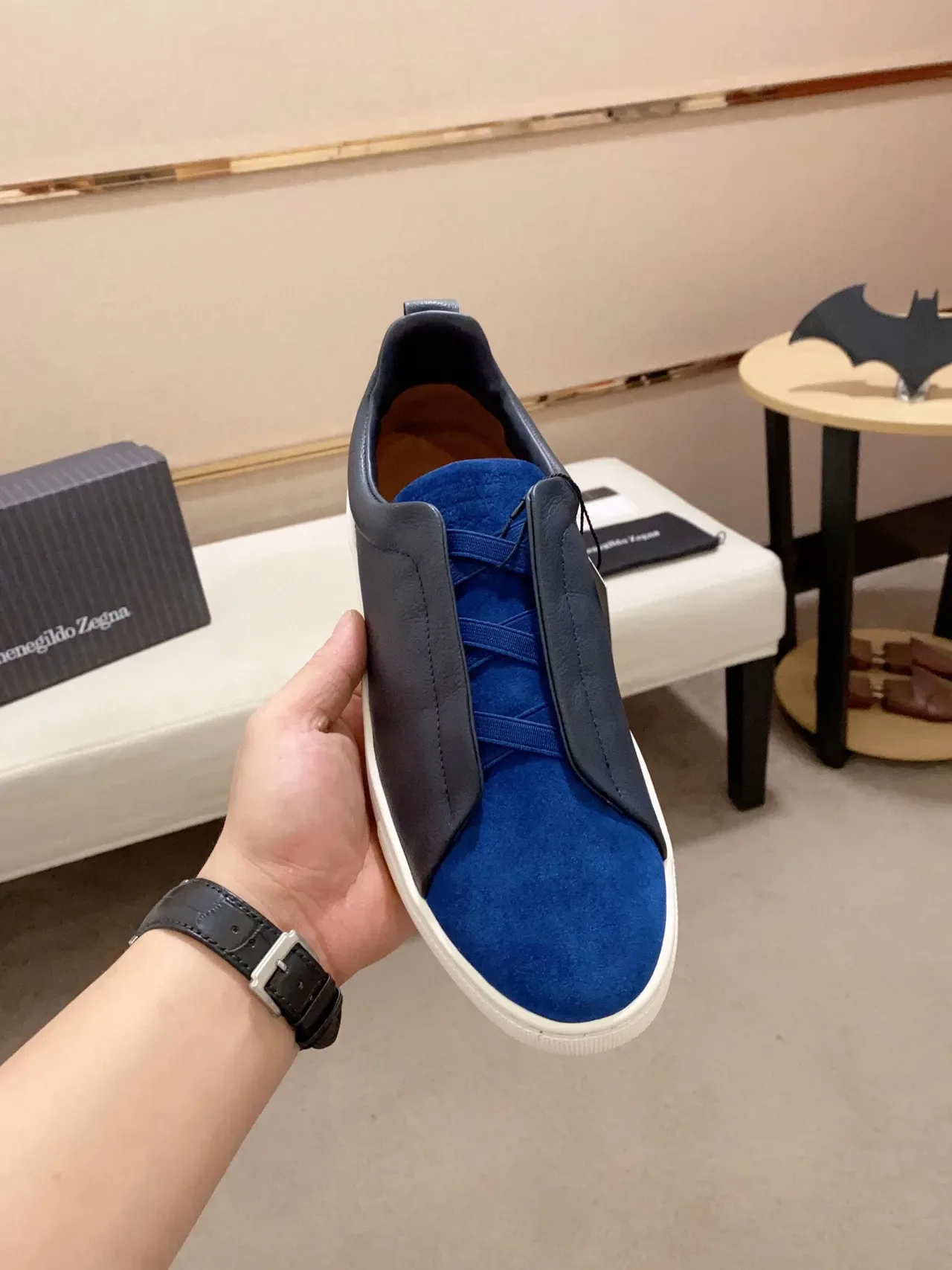 Zegna Two-Tone Navy and Blue Leather-Suede Slip-On Sneakers 5