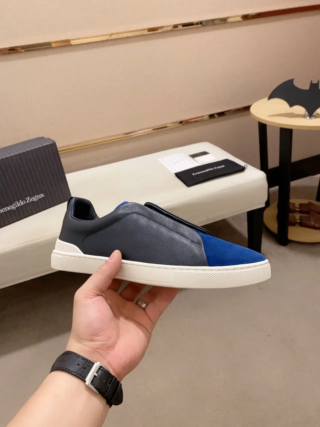 Zegna Two-Tone Navy and Blue Leather-Suede Slip-On Sneakers 8