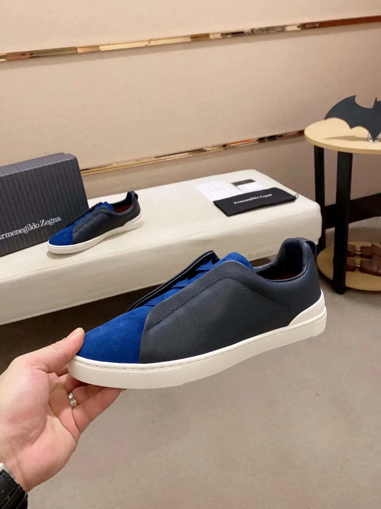 Zegna Two-Tone Navy and Blue Leather-Suede Slip-On Sneakers 9