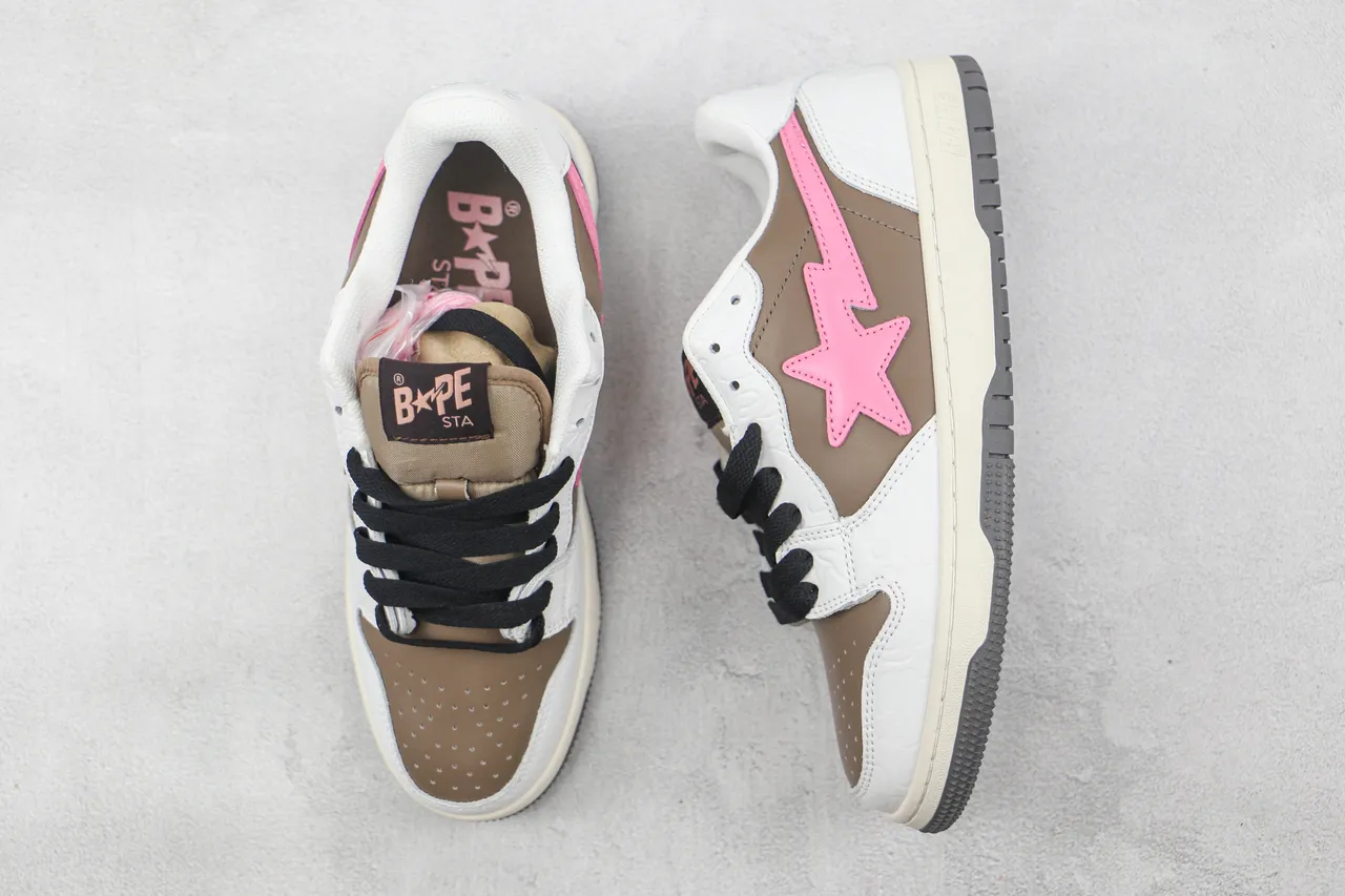 A Bathing Ape White Brown Low-Top Layered Leather/synthetic Upper Skateboard Shoes 3