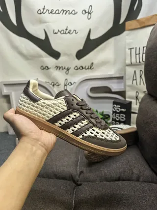 Adidas Beige Brown Woven Textile Upper Leather Overlays Lifestyle Sneakers 5