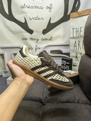 Adidas Beige Brown Woven Upper Leather Accents Lifestyle Sneakers 5
