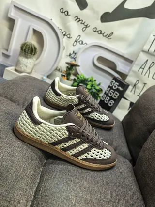 Adidas Beige Brown Woven Upper Leather Accents Lifestyle Sneakers 9