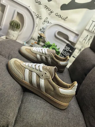 Adidas Beige White Woven Mesh Upper Three Stripes Lifestyle Sneakers 7