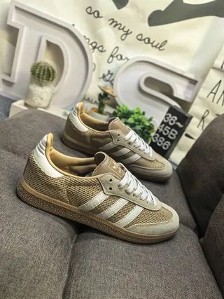 Adidas Beige White Woven Mesh Upper Three Stripes Lifestyle Sneakers 9