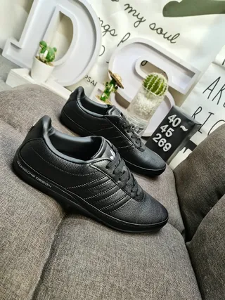 Adidas Black Smooth Leather Upper Three Parallel Side Stripes Lifestyle Sneakers 9
