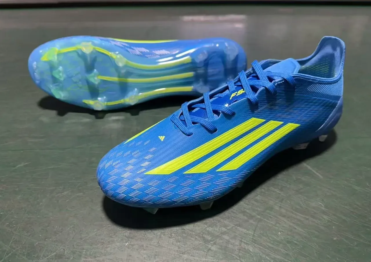 Adidas Bleu Jaune Tige Synthétique Texturée Logo Latéral à Trois Bandes Chaussures de Football pour Sol Ferme 8