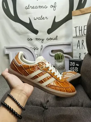 Adidas Brown Beige Crocodile-Embossed Leather Chain-Stitched Heel Lifestyle Sneakers 6