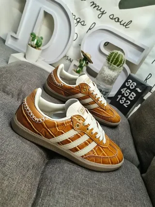 Adidas Brown Beige Crocodile-Embossed Leather Chain-Stitched Heel Lifestyle Sneakers 9