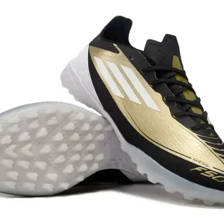 Adidas F50 Black Gold Speed-Focused Low-Cut Silhouette Metallic Accent Panel Turf Soccer Shoes