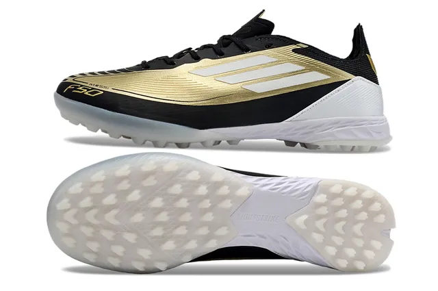 Adidas F50 Noir et Or Focus sur la Vitesse Silhouette à Coupe Basse Panneau d'Accent Métallique Chaussures de Football pour Turf 5
