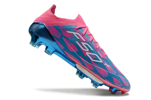 Adidas F50 Pink Blue Knitted Sock-Fit Upper Translucent TPU Cage Firm-Ground Soccer Shoes 2