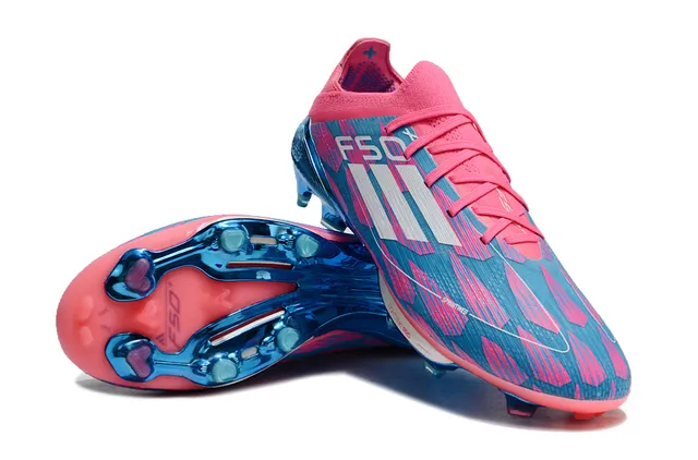 Adidas F50 Pink Blue Knitted Sock-Fit Upper Translucent TPU Cage Firm-Ground Soccer Shoes 4