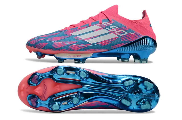 Adidas F50 Pink Blue Knitted Sock-Fit Upper Translucent TPU Cage Firm-Ground Soccer Shoes 6
