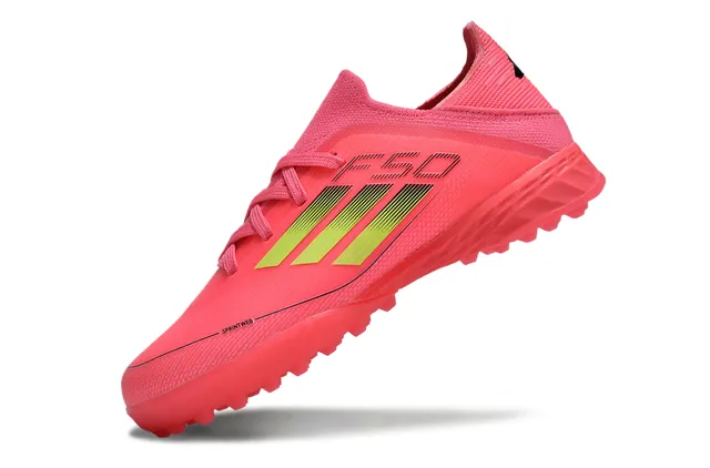 Adidas F50 Chuteiras de futebol turf com upper de knit rosa verde, detalhes de listras gradient 4