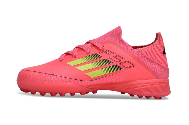 Adidas F50 Chuteiras de futebol turf com upper de knit rosa verde, detalhes de listras gradient 7