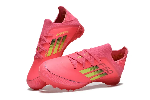 Adidas F50 Chuteiras de futebol turf com upper de knit rosa verde, detalhes de listras gradient 8